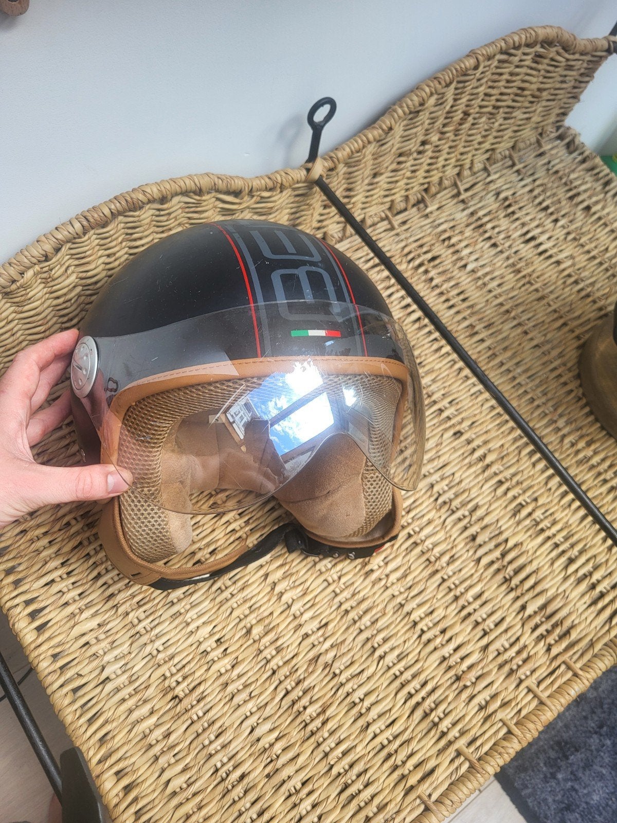 Scooter helm - Maat S - Zwart met bruine binnenvoering, Ophalen