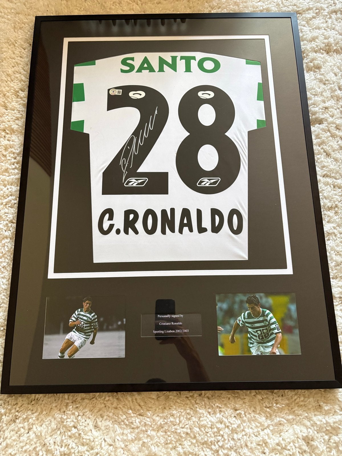 Ingelijst gesigneerd shirt C. Ronaldo Sporting 2002/2003, Ophalen of Verzenden, Zo goed als nieuw, Buitenlandse clubs, Shirt