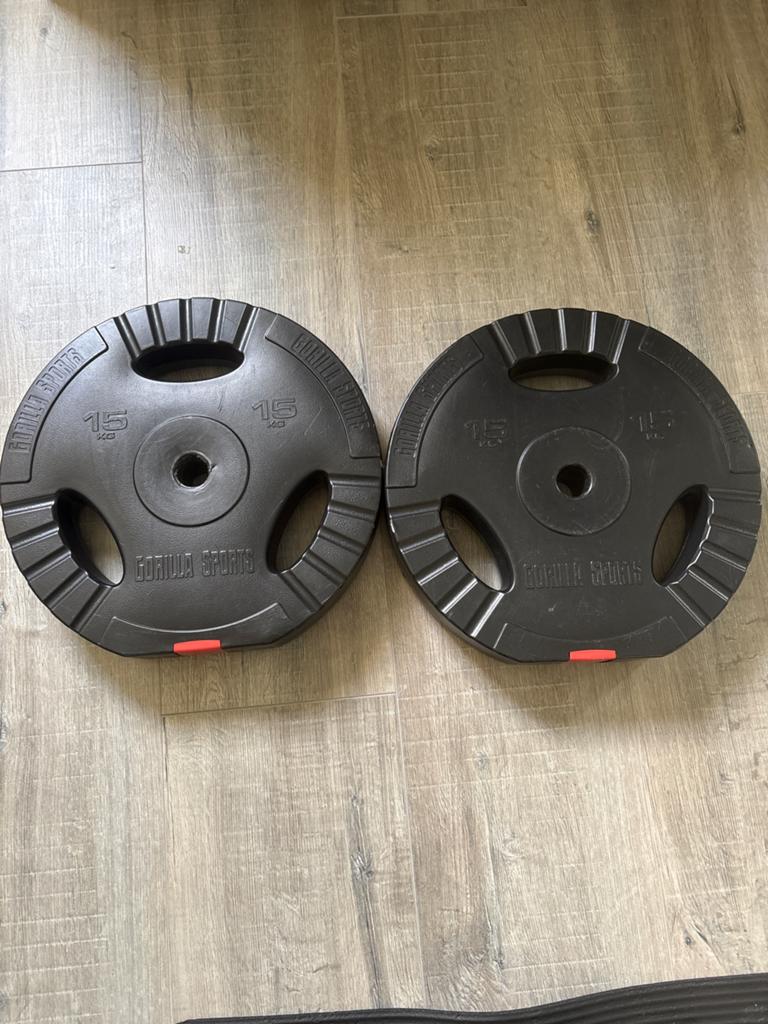 Gorilla Sports Halterschijven 15 kg - set van 2, Sport en Fitness, Fitnessmaterialen, Ophalen of Verzenden, Zo goed als nieuw