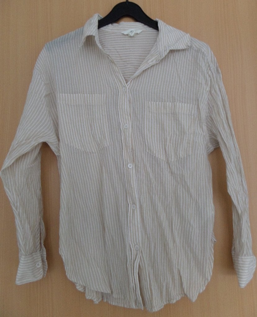 Beige/ wit gestreepte, katoenen H&M blouse maat M, Kleding | Dames, Ophalen of Verzenden, Zo goed als nieuw, Maat 38/40 (M), Beige
