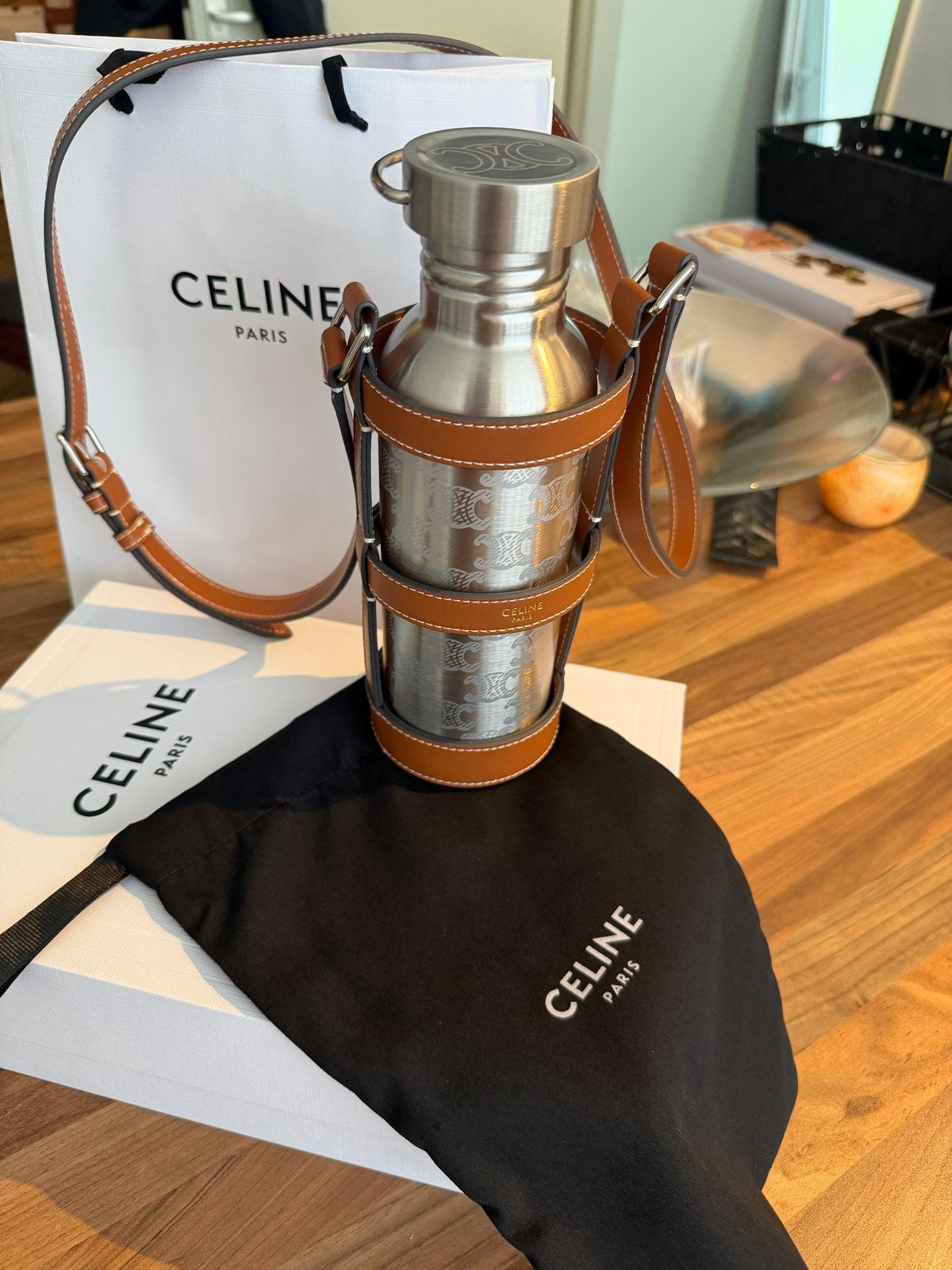 Celine Triomphe Water Bottle met Leren Houder, Overige typen, Ophalen of Verzenden, Metaal, Overige merken