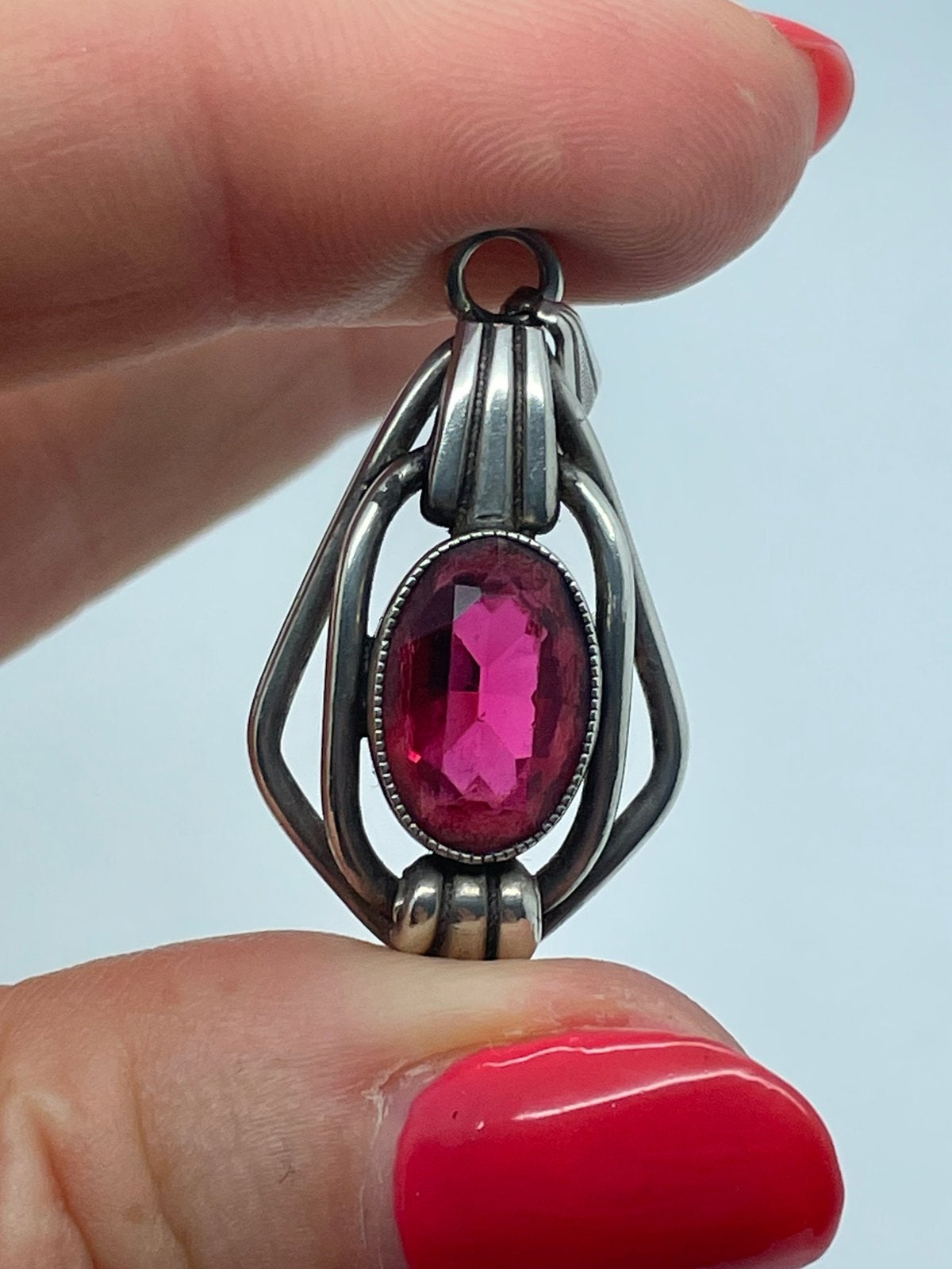 F487 Prachtige zilveren art deco hanger roze steen, Ophalen of Verzenden, Zilver, Hanger