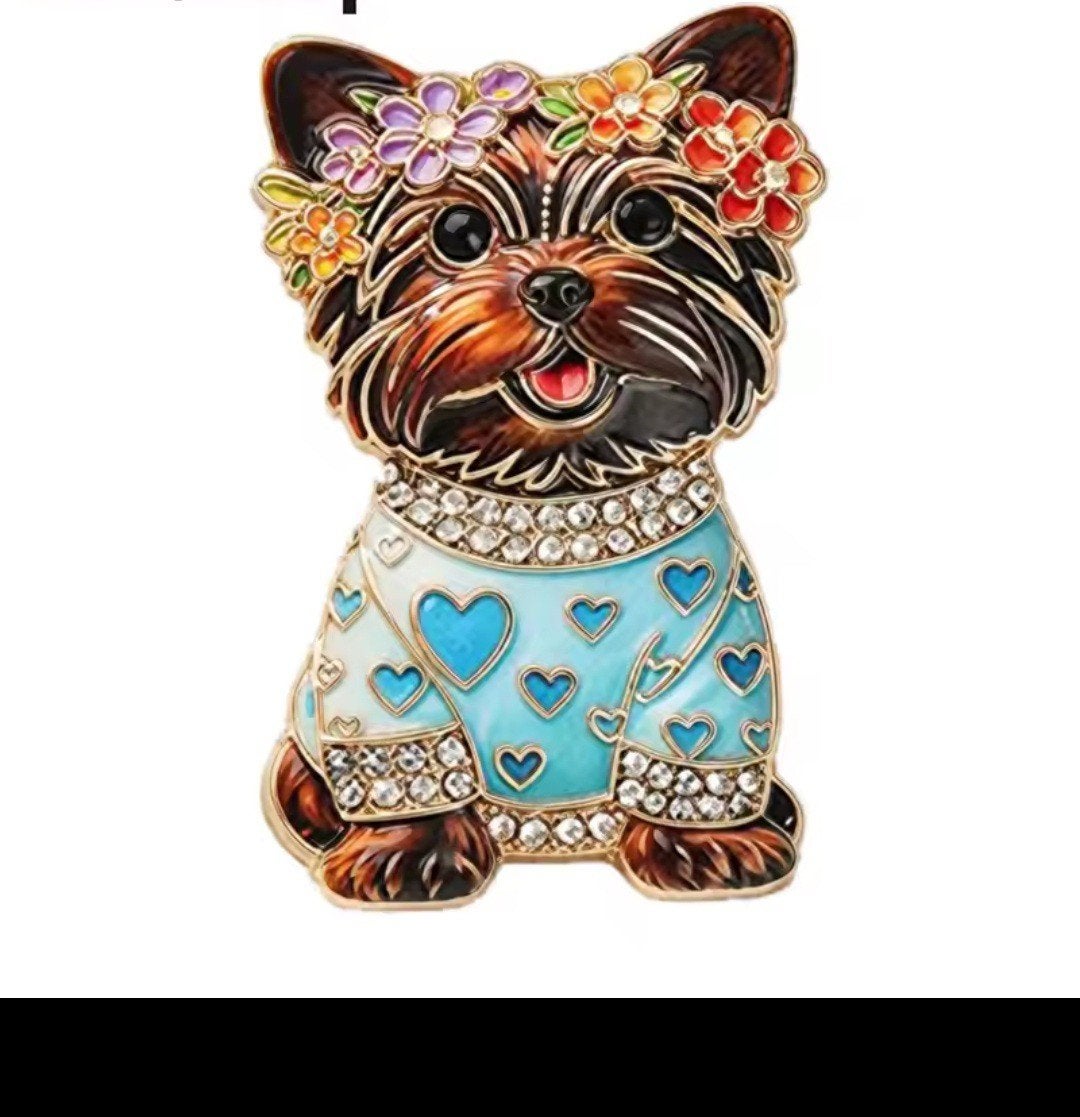 Nieuwe Broche Yorkshire Terrier Hond met Bloemenkrans, Ophalen, Overige materialen, 4 tot 7 cm, Overige kleuren
