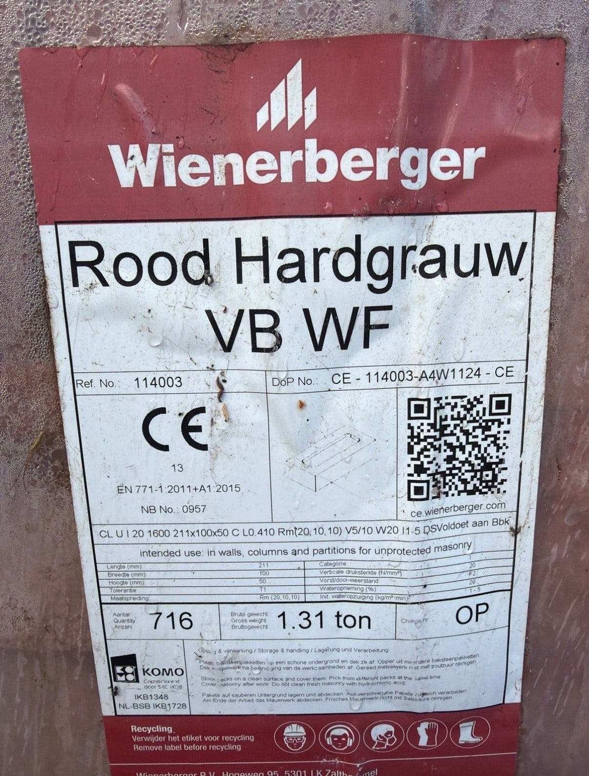Wienerberger Rood Hardgrauw VB WF Bakstenen (1150+ stuks), Ophalen, Gebruikt, Bakstenen