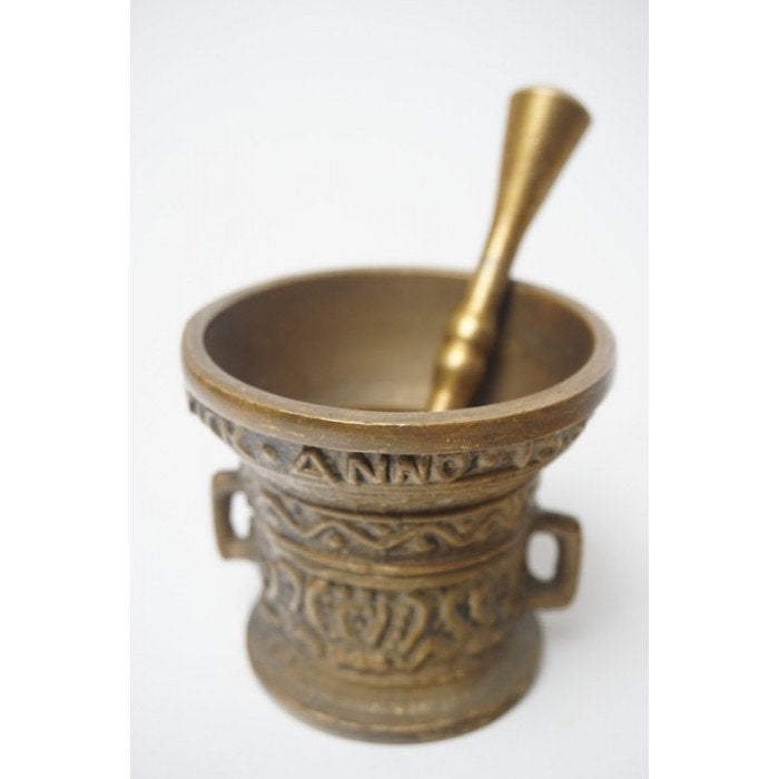# Bronzen vijzel - Anno 1590, Leefte Verwint Al Dinck no1, Ophalen of Verzenden, Koper