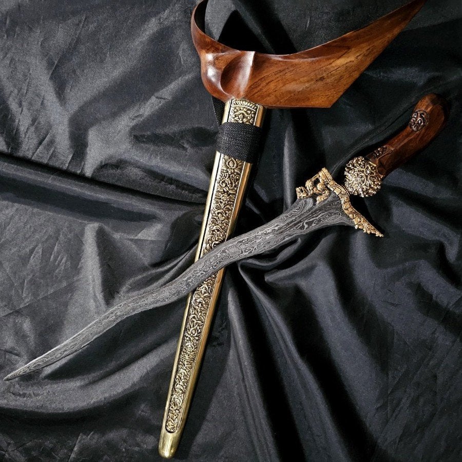 Keris Singo Barong 5 Luk Kinatah Goud Pedaringan Kebak KNL89, Wapen, Verzenden, Overige materialen, Indonesië