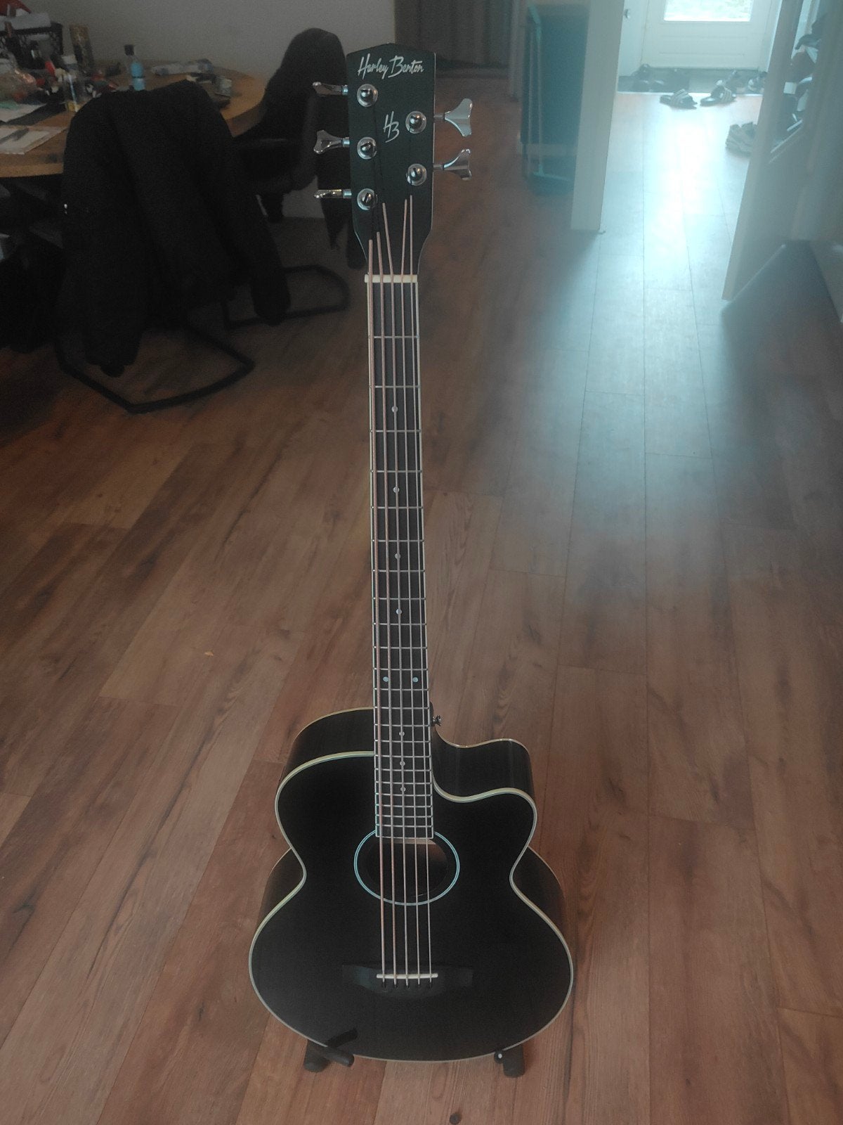 5 snarige semi akoestische basgitaar + standaard, Ophalen, Zo goed als nieuw, Semi-akoestisch, 5-snarig