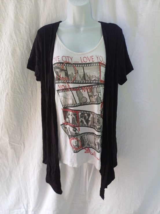 Leuk wit shirt met vastgenaaid hesje mt L merk MS Mode, ., Zwart, Maat 42/44 (L), Ophalen of Verzenden