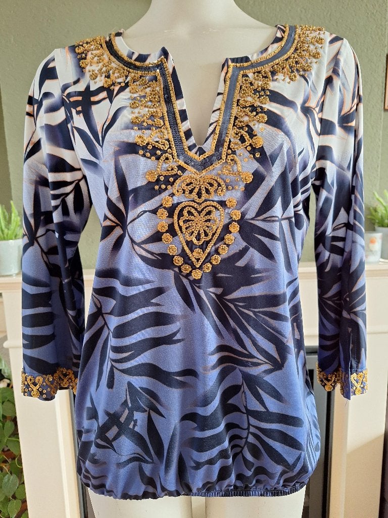 K-Design K Design blauwe goud top S M 36 38, K-design, Zo goed als nieuw, Lange mouw, Maat 36 (S)