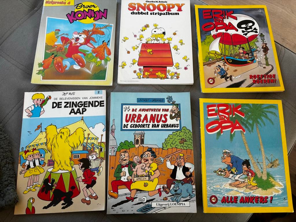 Zes stripboeken: Snoopy, Jommeke, Urbanus, Erik en Opa, Meerdere stripboeken, Ophalen of Verzenden, Gelezen