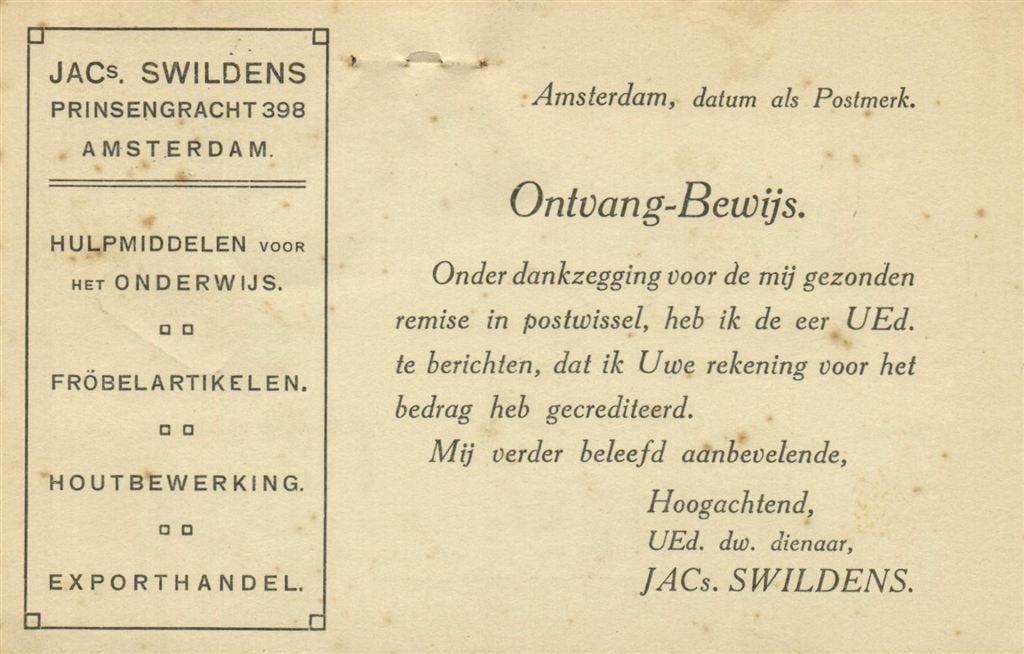 JACs. Swildens, Amsterdam - 10.1912 - drukwerk, Ophalen of Verzenden, Briefkaart