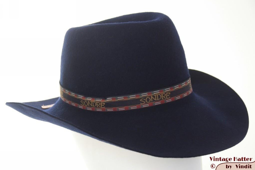 Vintage Dameshoed Sondre donker blauw wolvilt 57 goede staat, Sondre, 56 of 57 cm (M, 7 of 7⅛ inch), Hoed, Ophalen of Verzenden