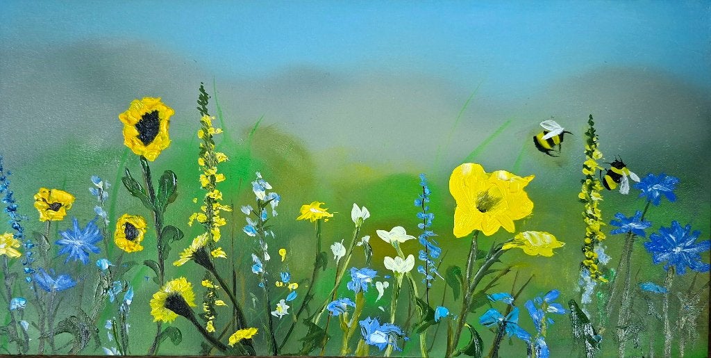 Lentebloemen schilderij olieverf 15x30cms, Ophalen of Verzenden