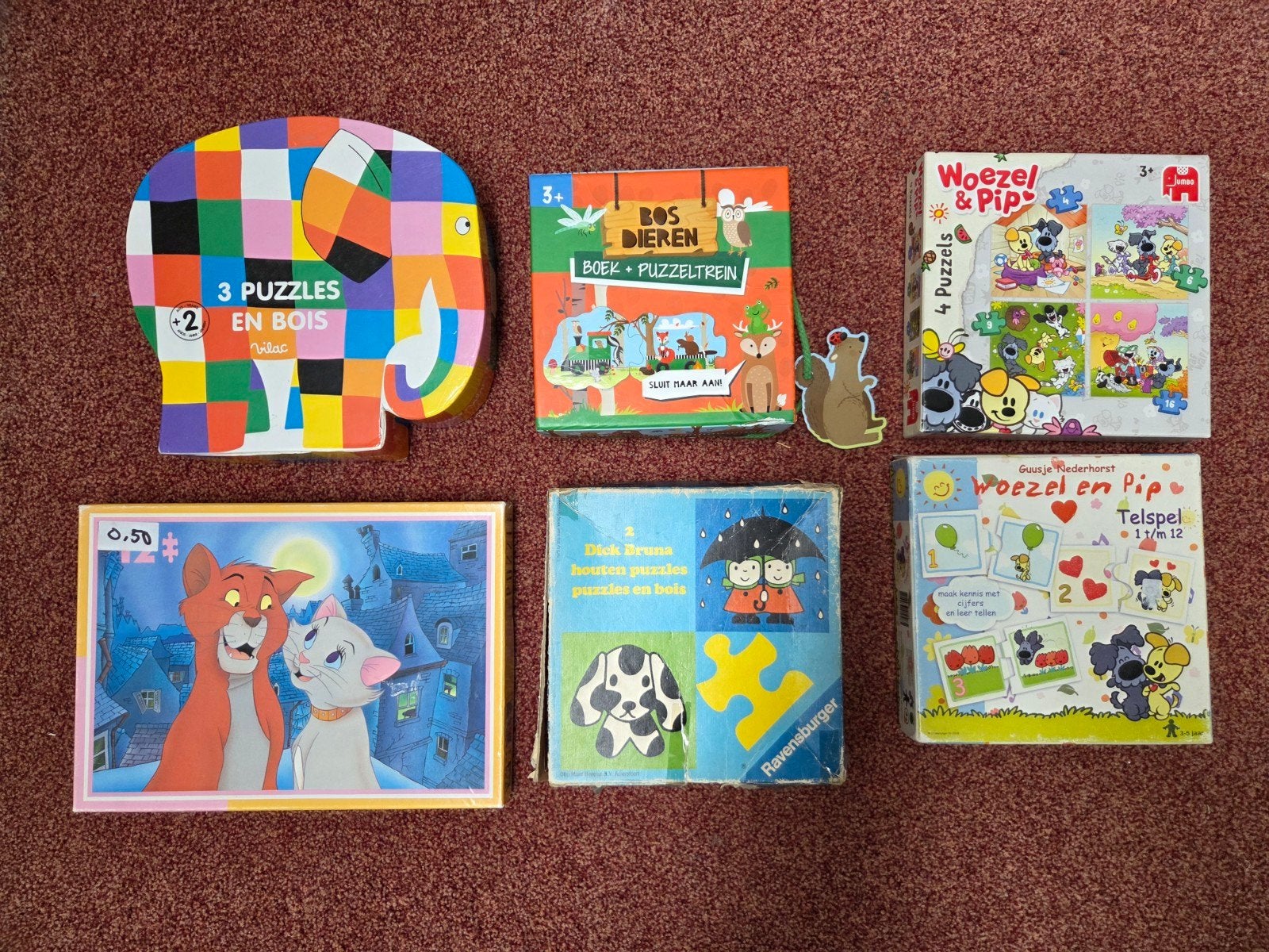 Leuke legpuzzels (Woezel & Pip, Elmer, Dick Bruna) per stuk, Ophalen, Gebruikt, 6 maanden tot 2 jaar