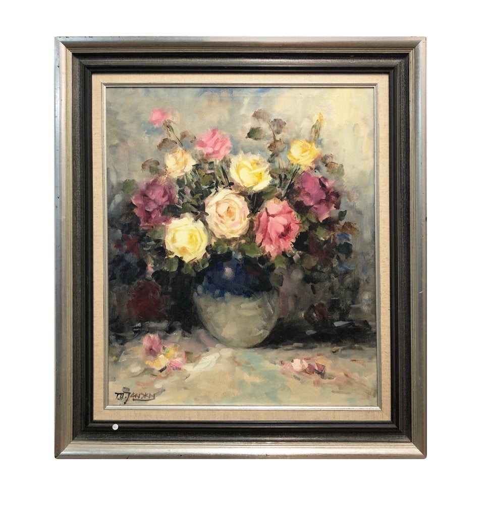 schilderij - Pierre Lafitte (Th. Jansen) - 'Bloemstilleven', Doek, Impressionistisch, Bijzondere lijst, Olieverf