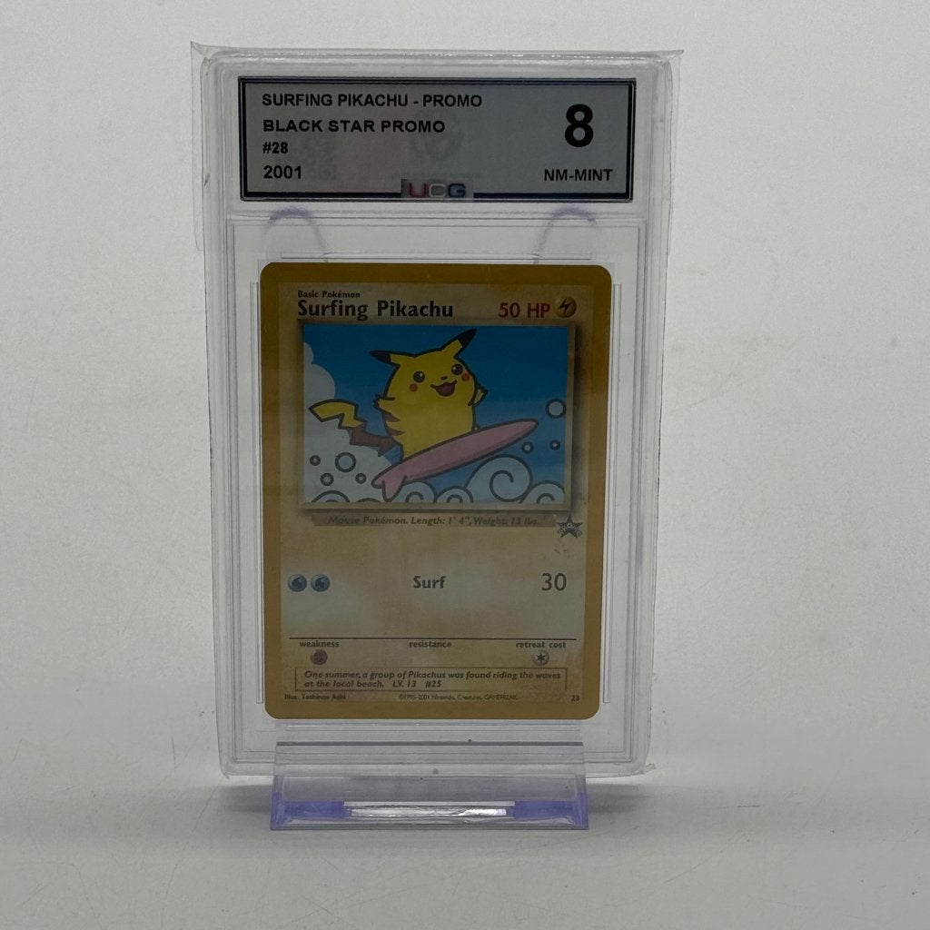 Pokémon Surfing Pikachu Black star Promo #28 Grade 8, Ophalen of Verzenden, Zo goed als nieuw, Losse kaart