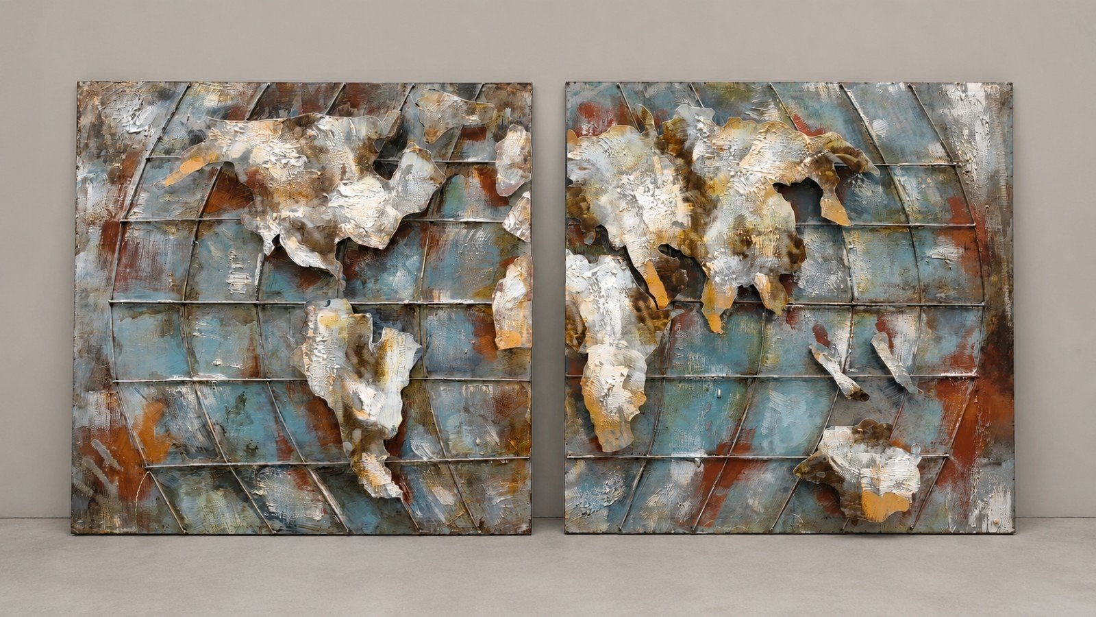 Tweeluik wereldkaart 3d metaal 90x90 cm, Antiek en Kunst, Ophalen, Metaal, Met textuur, Overig onderwerp