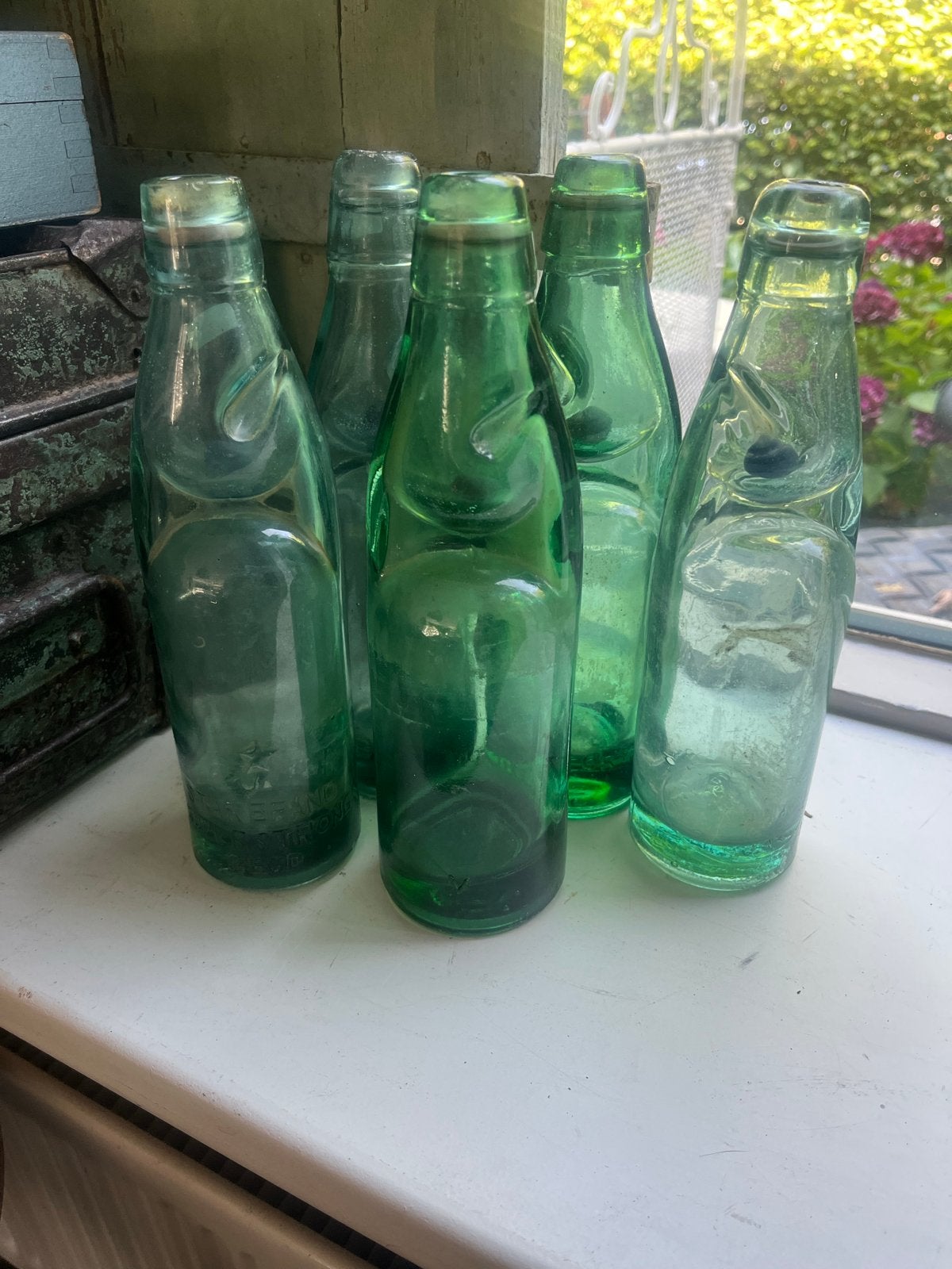 Set van 5 antieke groene/blauwe kogelflesjes, Antiek en Kunst, Ophalen of Verzenden