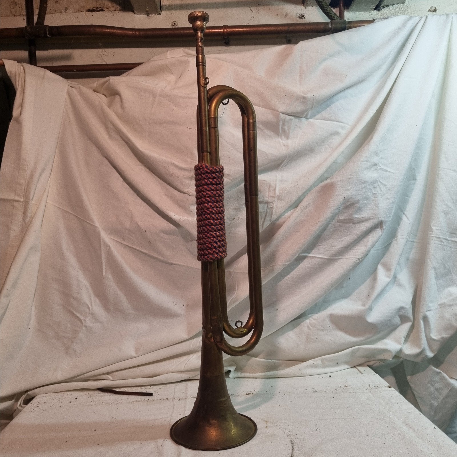 Antieke koperen bugel/trompet met koord, Muziek en Instrumenten, Ophalen of Verzenden, Gebruikt, Overige typen