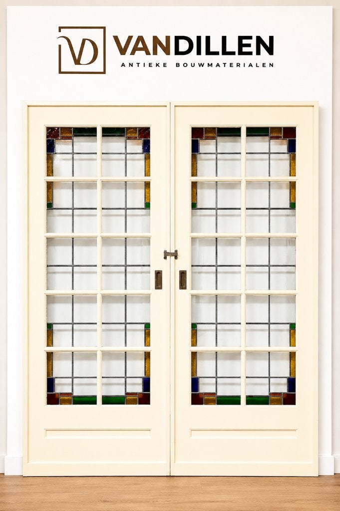 Antieke ensuite schuifdeuren glas in lood 213.5 x 92.5, 120 cm of meer, Binnendeur, Ophalen of Verzenden, Schuifdeur