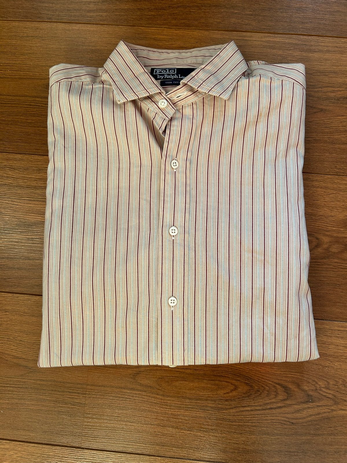 Vintage Polo Ralph Lauren Gestreept Overhemd, Verzenden, Zo goed als nieuw, Beige, Halswijdte 41/42 (L)