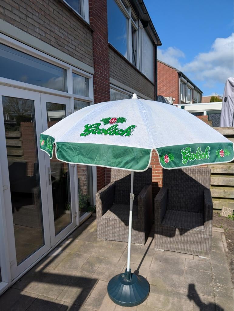 Grolsch parasol met voet - 180cm, nette staat, Ophalen