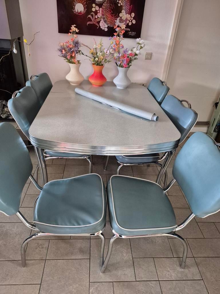 Vintage eettafel met 6 stoelen - Jaren '60/'70 stijl - €300, Ophalen, Gebruikt, 100 tot 150 cm, Overige materialen