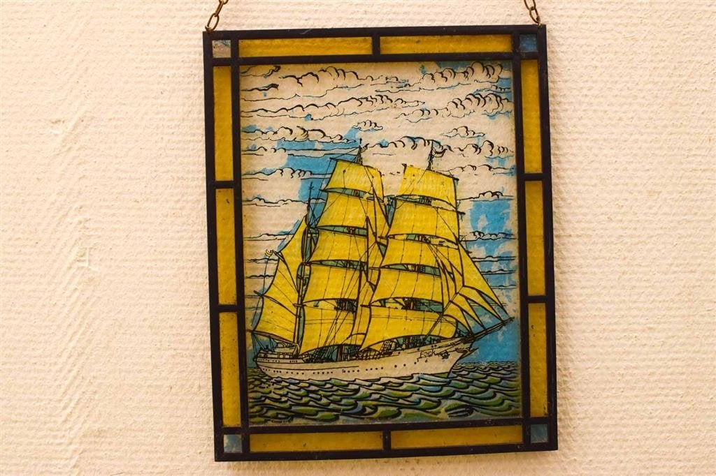 Glas en lood raam met een zeilschip 50206, Ophalen of Verzenden, Gebruikt
