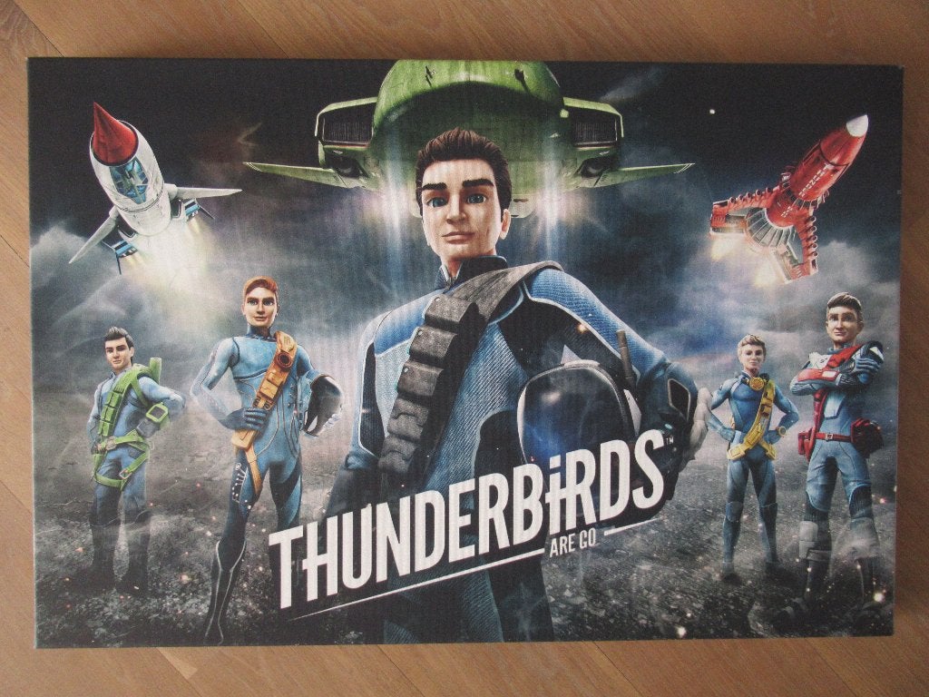 Groot Thunderbirds schilderij poster op canvas 90 x 60 cm. !, Ophalen of Verzenden, Zo goed als nieuw, Schilderij, 75 cm of meer