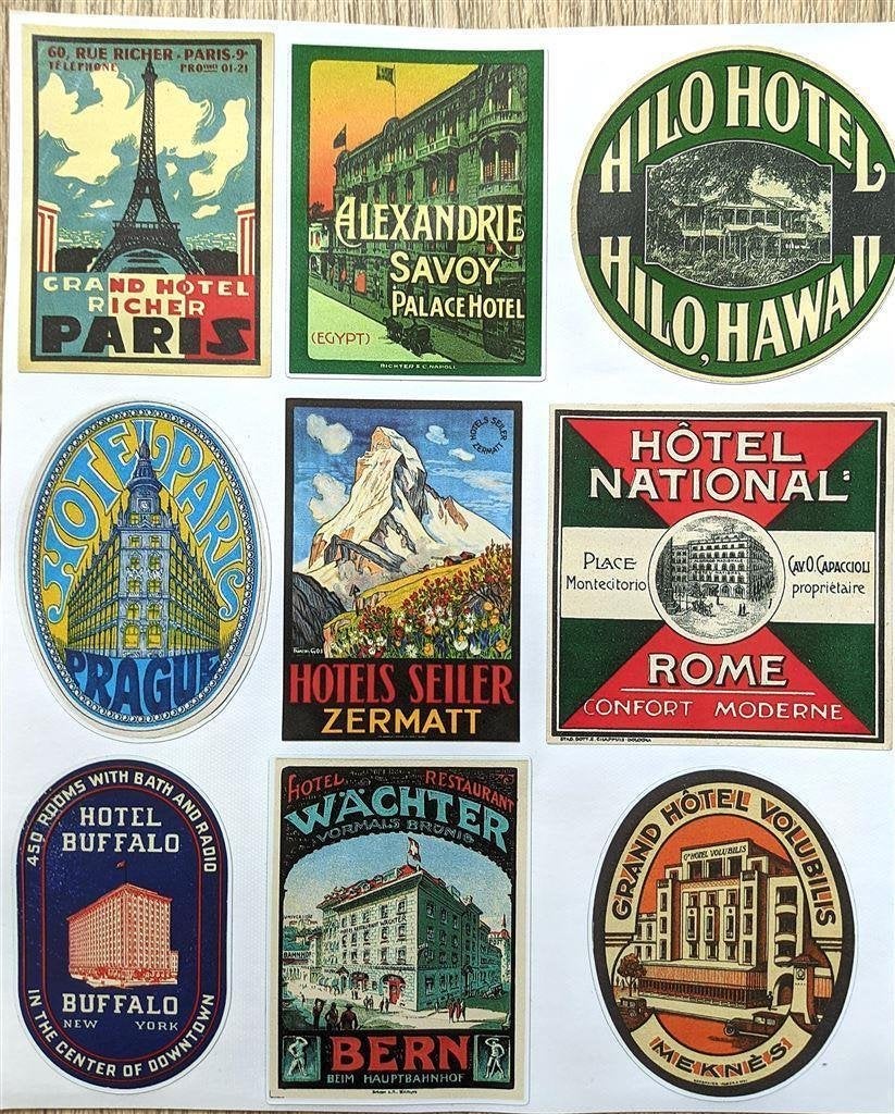 9x HOTEL RETRO REIS Label Koffer affiche vintage Sticker Set, Verzenden, Overige typen