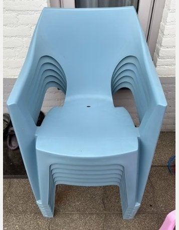 6 blauwe kunststof tuinstoelen, Ophalen, Gebruikt, Kunststof, Stapelbaar