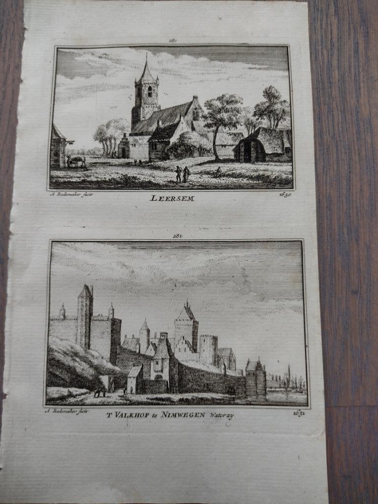 280/281/ Leersum en Nijmegen het Valkhof Gravure 18e Eeuw, Antiek en Kunst, Ophalen of Verzenden