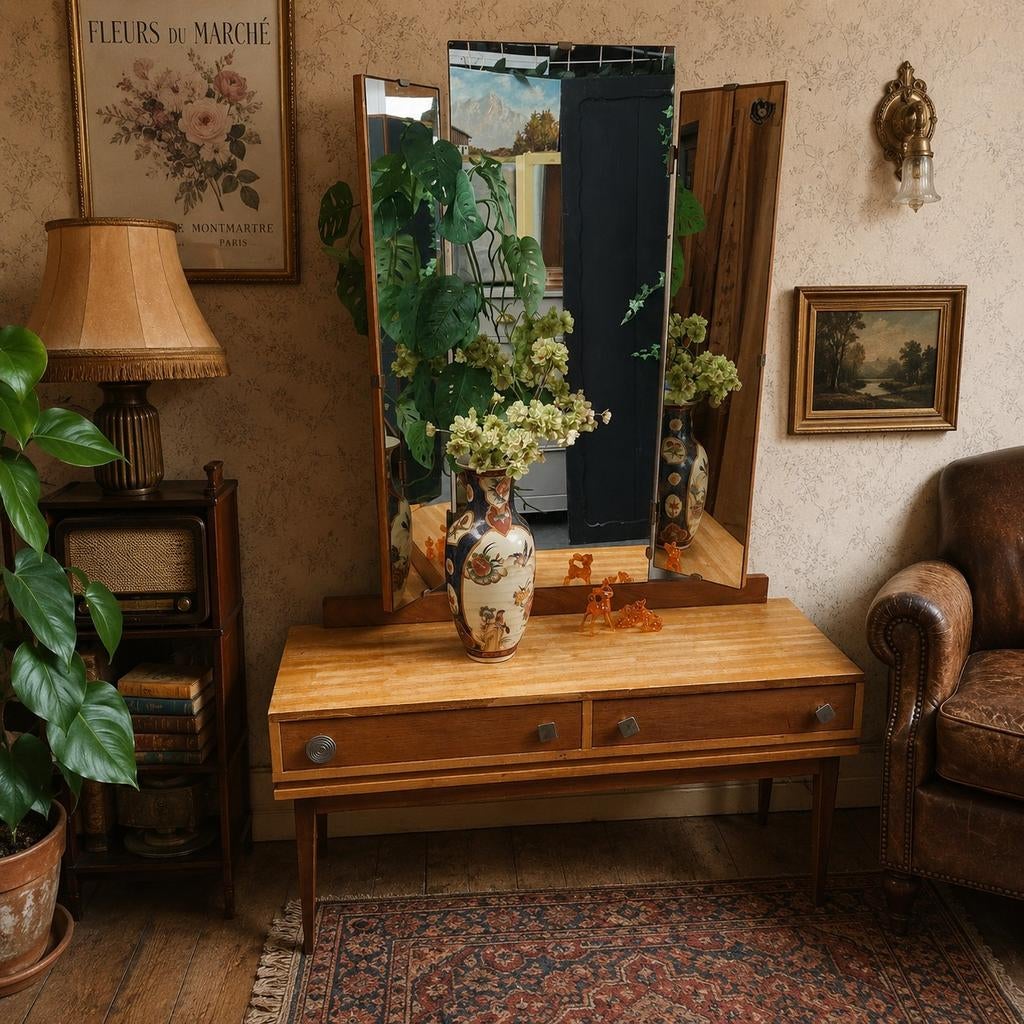 Vintage make-up tafel met spiegel - Jaren 60/70, Huis en Inrichting, Tafels | Kaptafels, Ophalen, Gebruikt, 100 tot 150 cm, Vintage, Retro, Jaren 60, Jaren 70