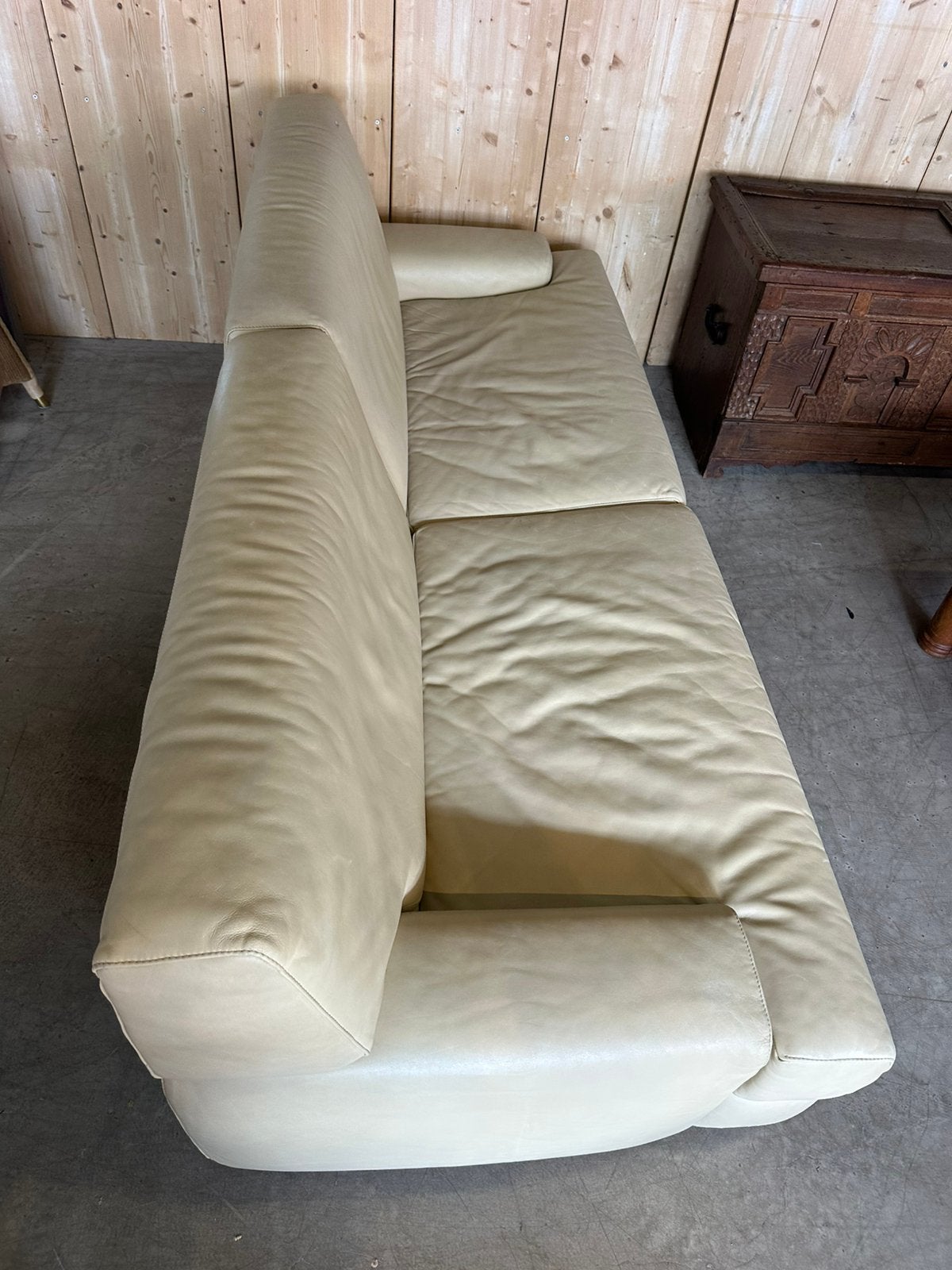 Design bank crème leer, Driepersoons, Ophalen of Verzenden, Zo goed als nieuw, X