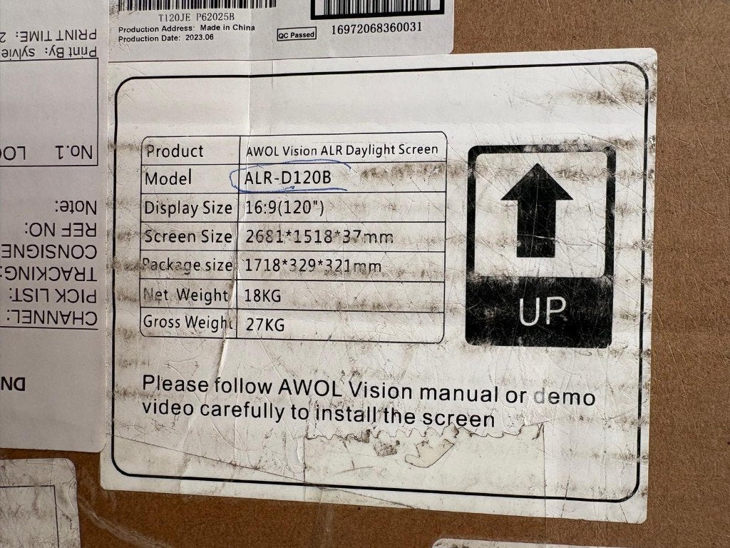 AWOL Daylight Fresnel ALR Screen 120", Audio, Tv en Foto, Projectieschermen, Ophalen, Nieuw