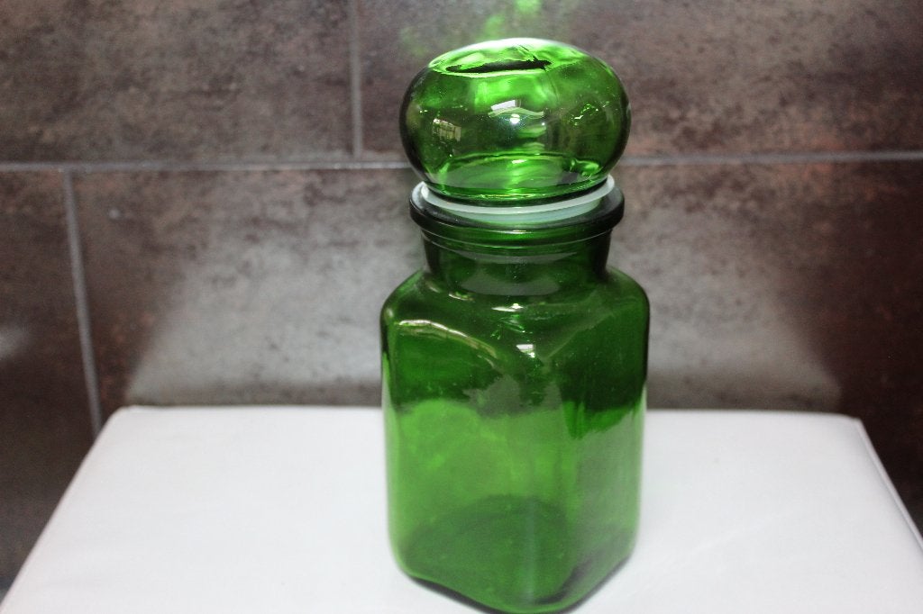 Groene glazen stolpfles met bulb dop., Ophalen of Verzenden