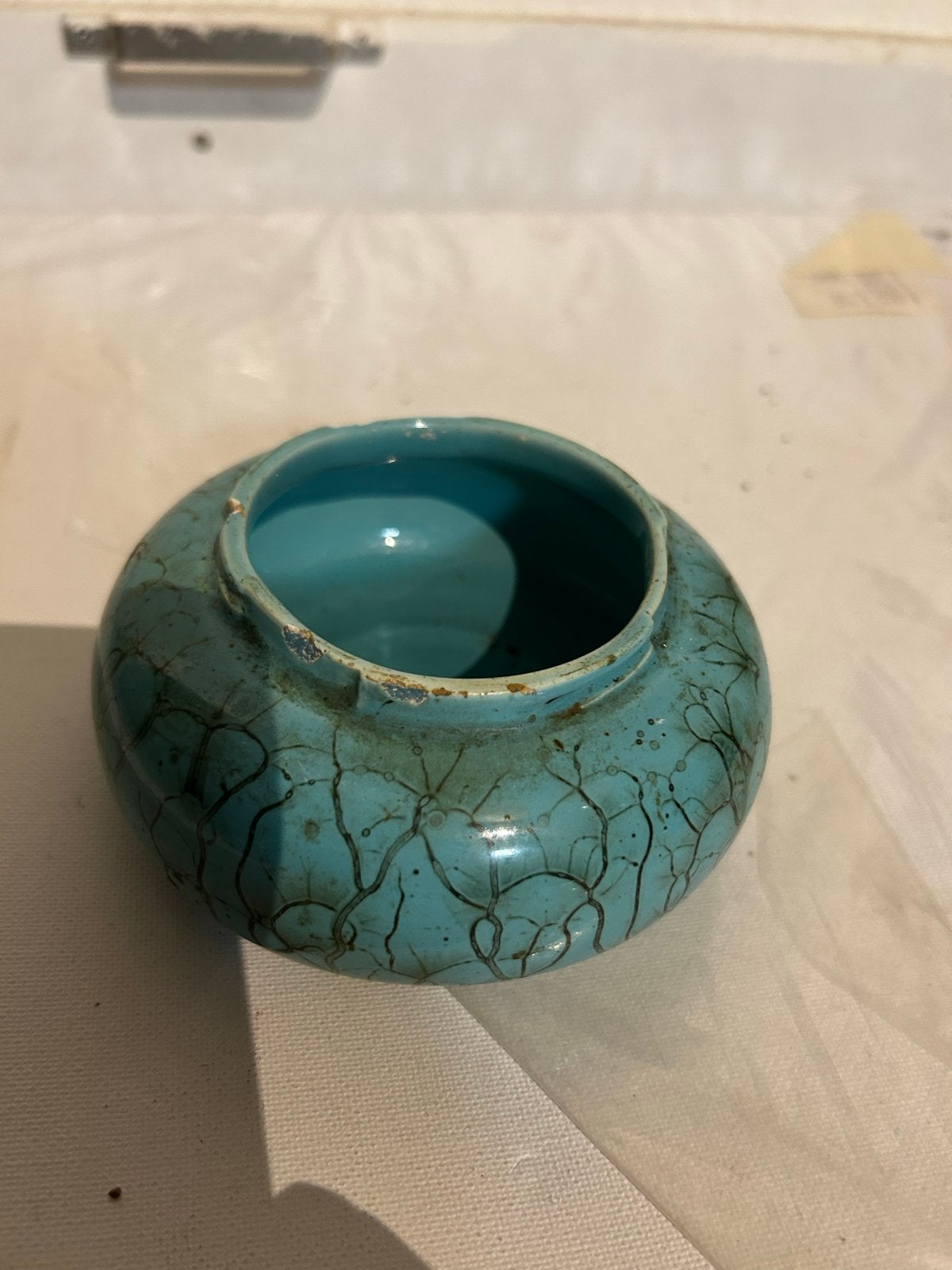 Vintage turquoise craquelé potje, Ophalen of Verzenden