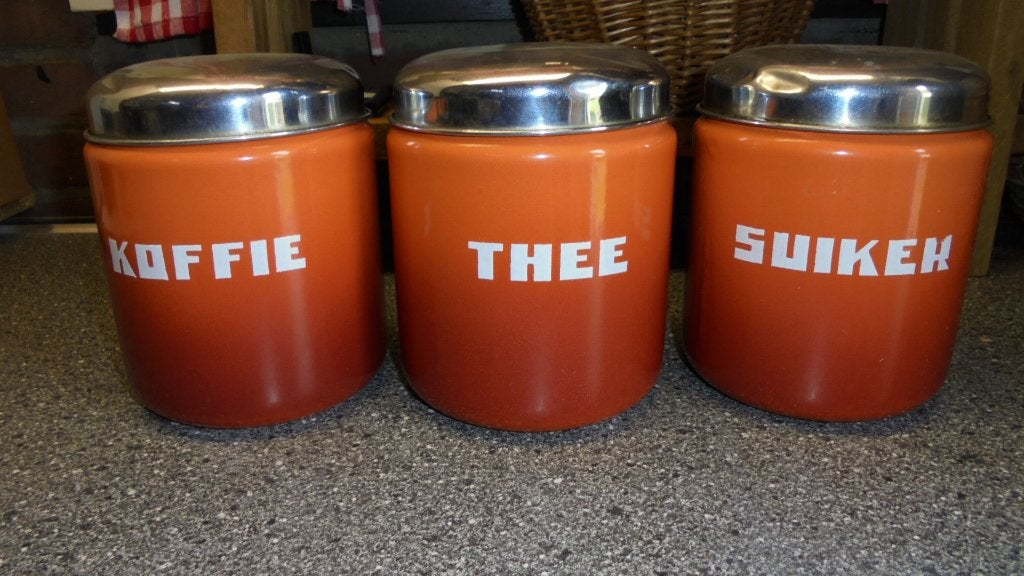 oranjegevlamd emaille koffie thee suikerbussen, Ophalen