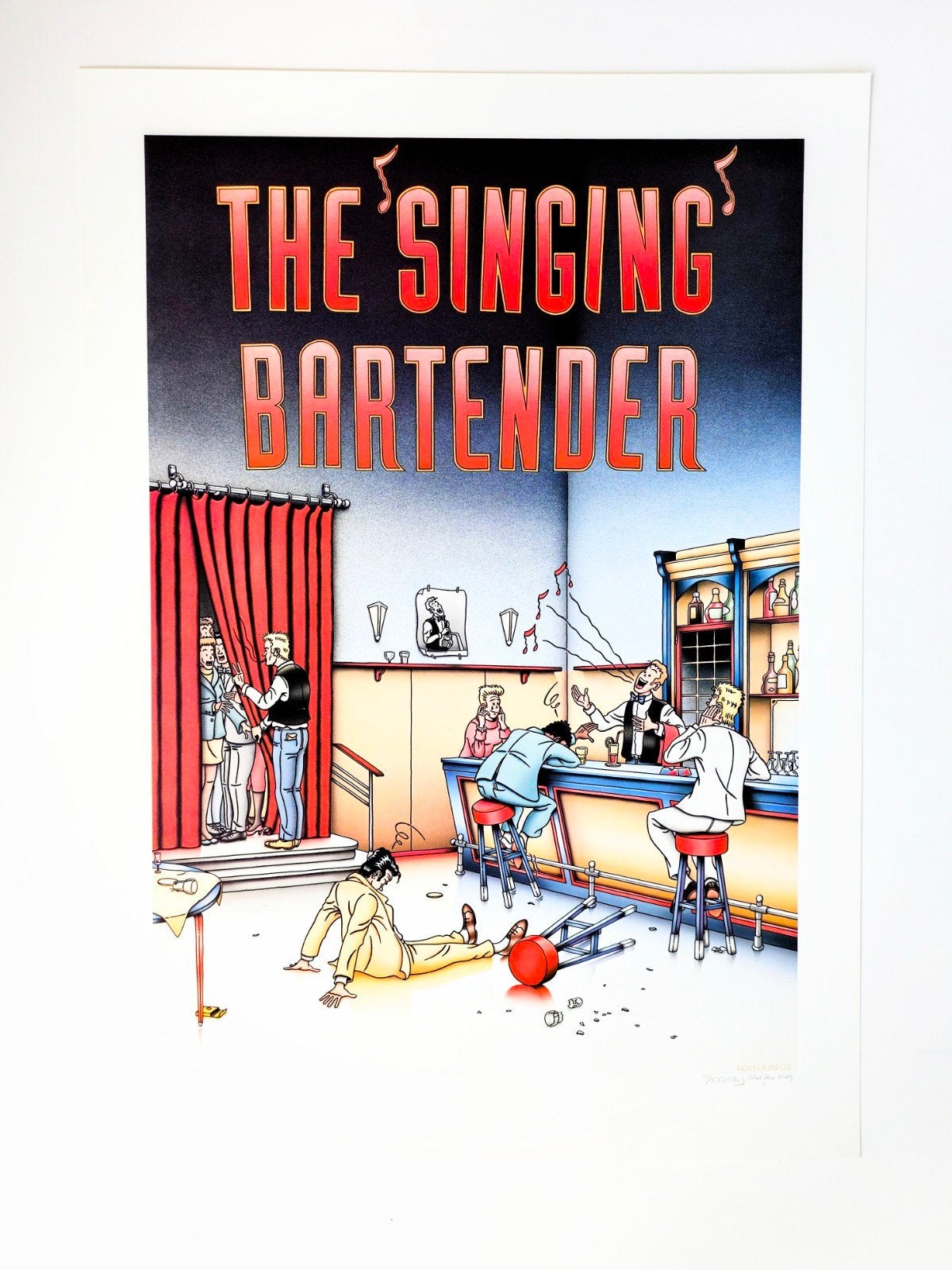 Jack Keuss & Marjolein Meijs "The Singing Bartender", Antiek en Kunst, Personages en Fantasiefiguren, Zeefdruk, Gesigneerd, Ophalen of Verzenden