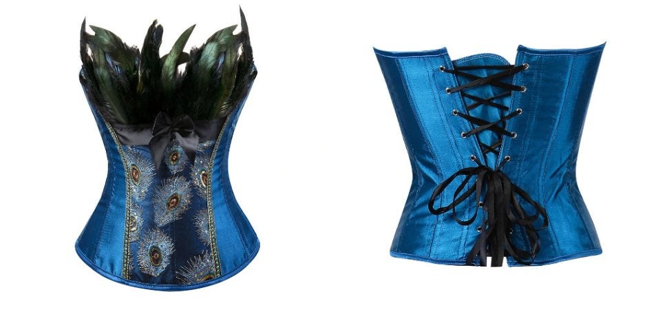 Blauw veren korset bustier pauw dames vrouwen burlesque sexy, Verzenden, Blauw, Body of Korset