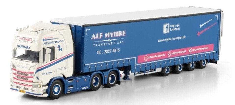WSI SCANIA R + SEMI SCHUIFZEIL TRAILER + KLEPPEN - ALF MYHRE, Wsi, ., Nieuw, Ophalen of Verzenden