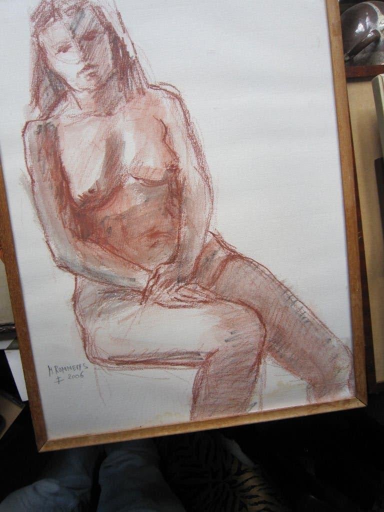 M.Rommers, Mooie rood krijttekening v/e naakte dame, Ophalen, Tekening, Krijttekening