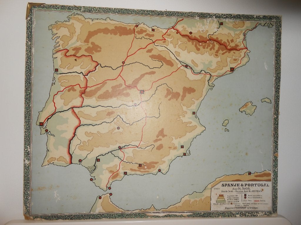 Vintage schoolplaat / landkaart Spanje, Antiek en Kunst, Ophalen of Verzenden, Aardrijkskunde