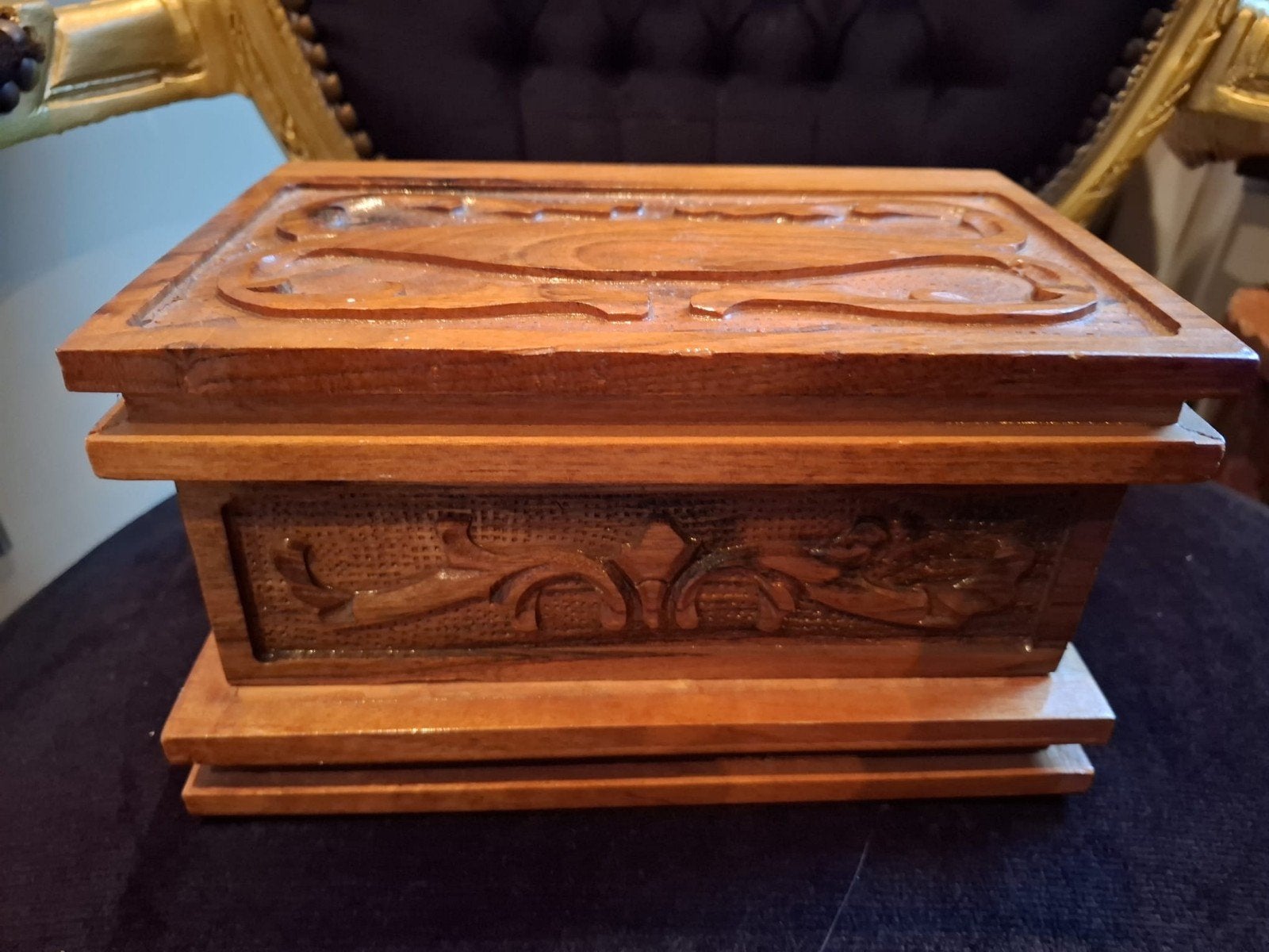 Vintage Houten Sieradendoos met Houtsnijwerk en Spiegel, Ophalen of Verzenden