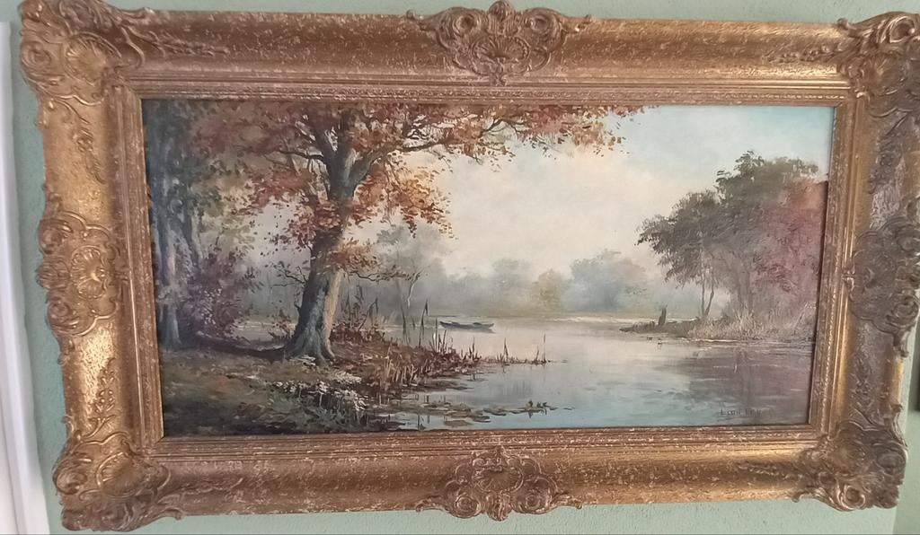 Schilderij van Lion Feijen - Herfstlandschap aan het water, Ophalen