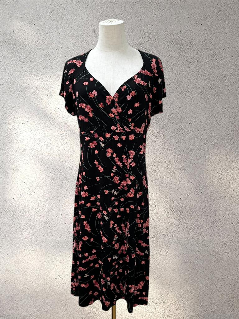 King Louie Black Floral Print Lightweight Midi Dress Size L, Ophalen of Verzenden, Zo goed als nieuw, Zwart