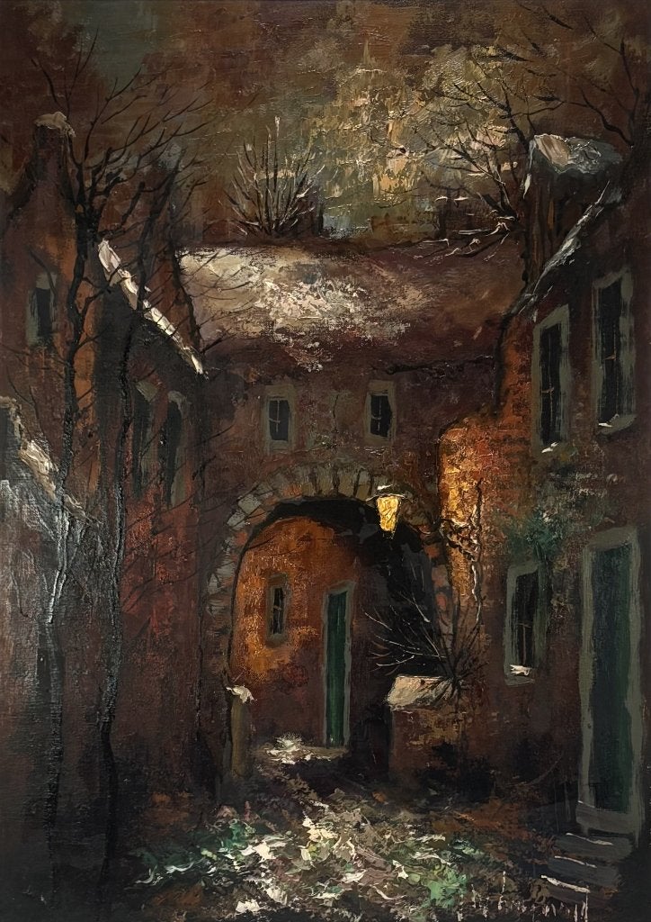 235. Olieverfschilderij – nachtelijk stadsgezicht, ca. 1975, Ophalen