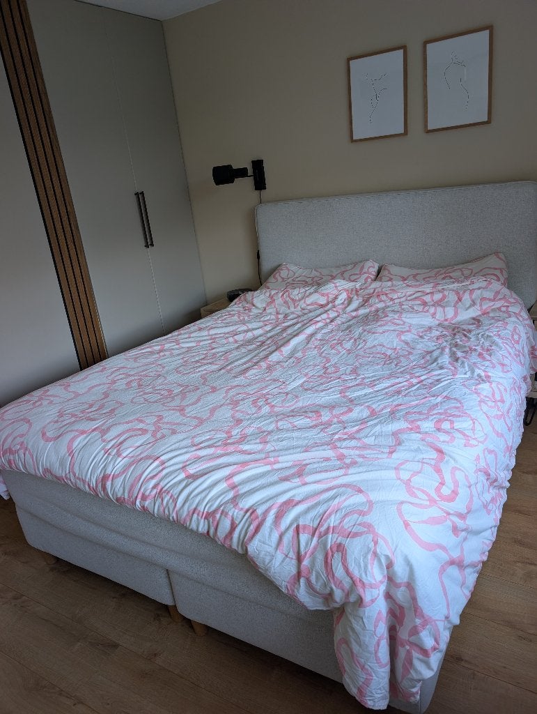 Complete Ikea boxspring 160x200, Ophalen, Gebruikt, Wit, Tweepersoons