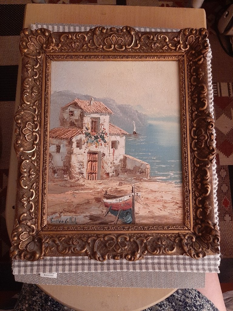 Olieverf schilderij Griekenland huis, Maritiem / water, Doek, Ophalen of Verzenden, Olieverf