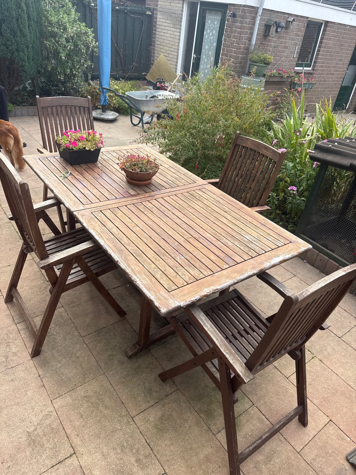 Houten tuintafel met stoelen, Tuin en Terras, Ophalen, 4 zitplaatsen, Gebruikt, Eettafel